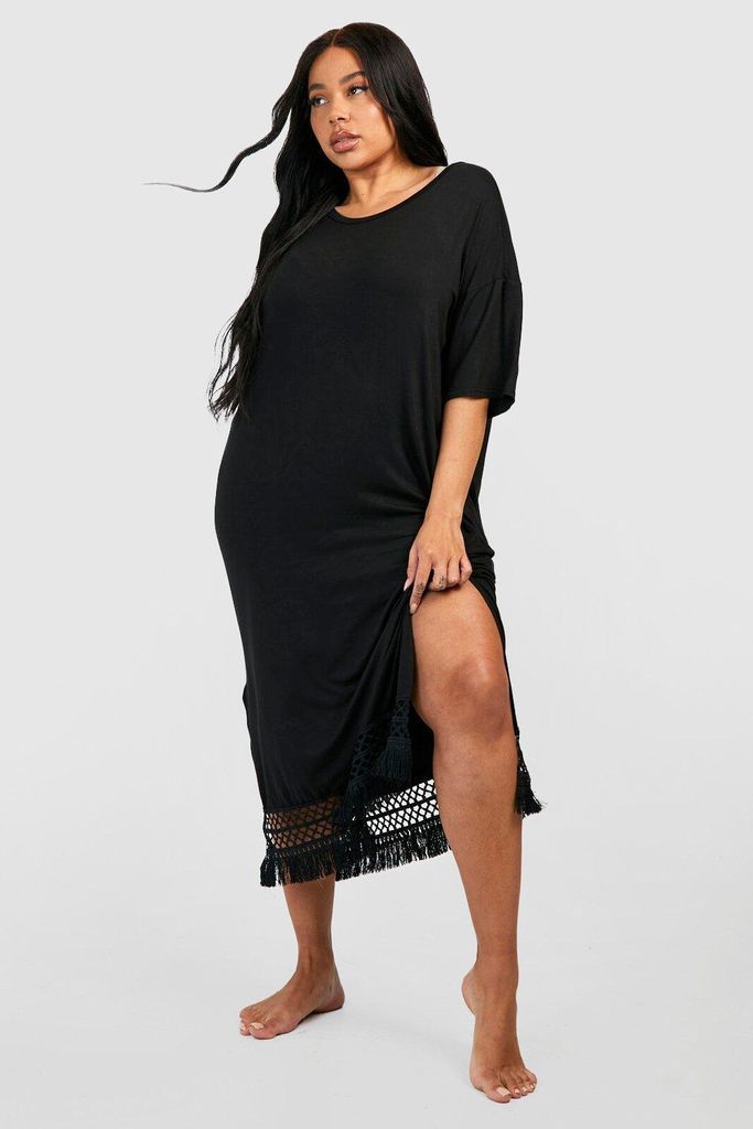 Womens Plus Crochet Tassel Hem Midaxi Beach Dress - Black - 22, Black