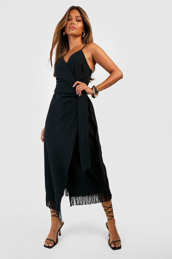 Womens Tassel Linen Wrap Midi Dress - Black - 8, Black