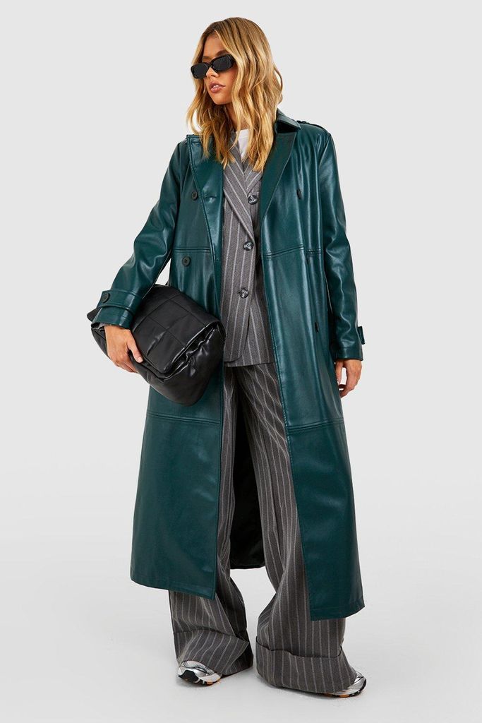 Womens Belted Faux Leather Trench Coat - Green - 8, Green