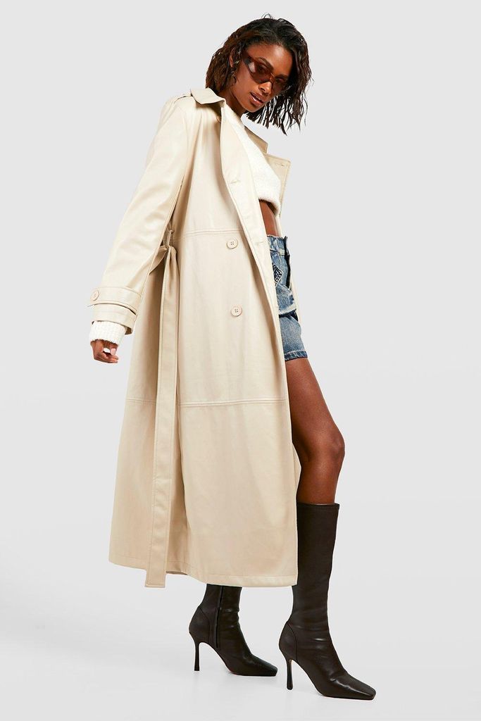 Womens Belted Faux Leather Trench Coat - Cream - 8, Cream