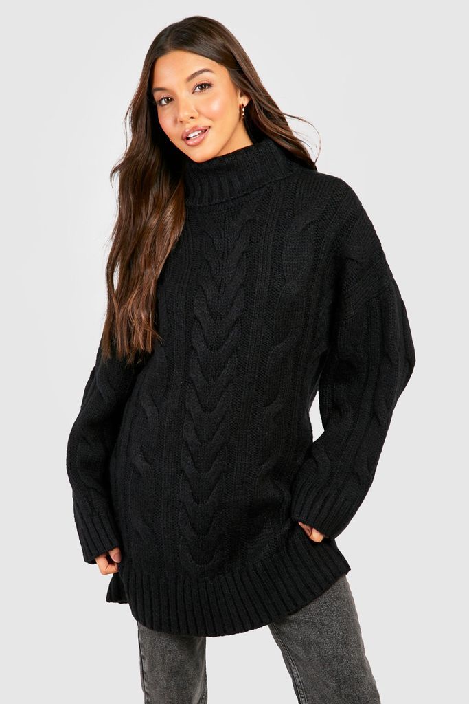 Womens Chunky Cable Knit Roll Neck Oversized Jumper - Black - S, Black