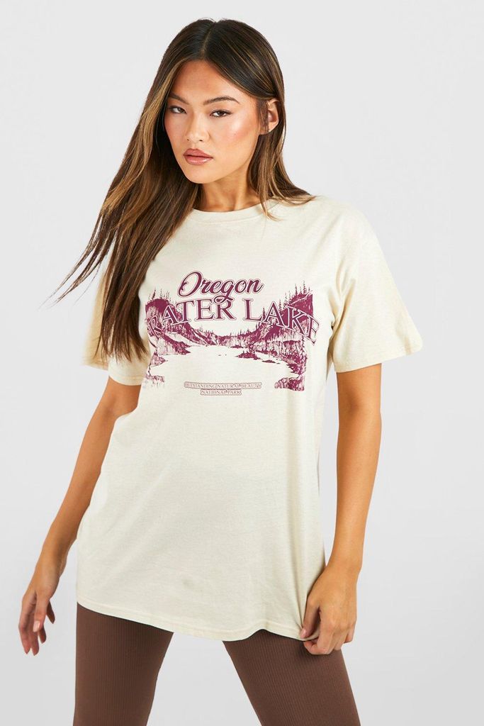 Womens Oversized Oregon Print T-Shirt - Beige - S, Beige