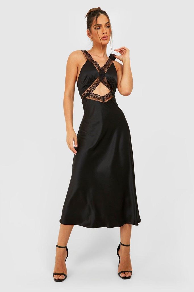 Womens Satin Lace Cut-Out Midaxi Dress - Black - 8, Black