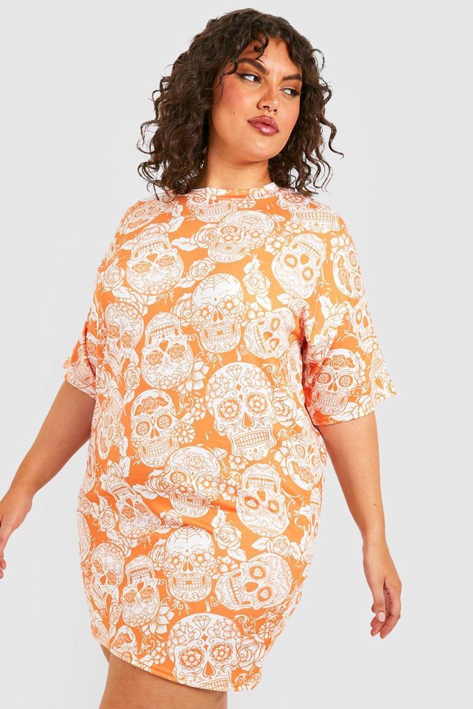 Womens Plus Halloween Floral Skull T-Shirt Dress - Orange - 16, Orange