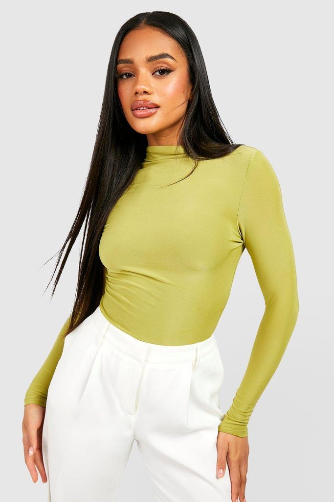 Womens Double Layer Slinky Funnel Neck Long Sleeve Top - Green - 6, Green