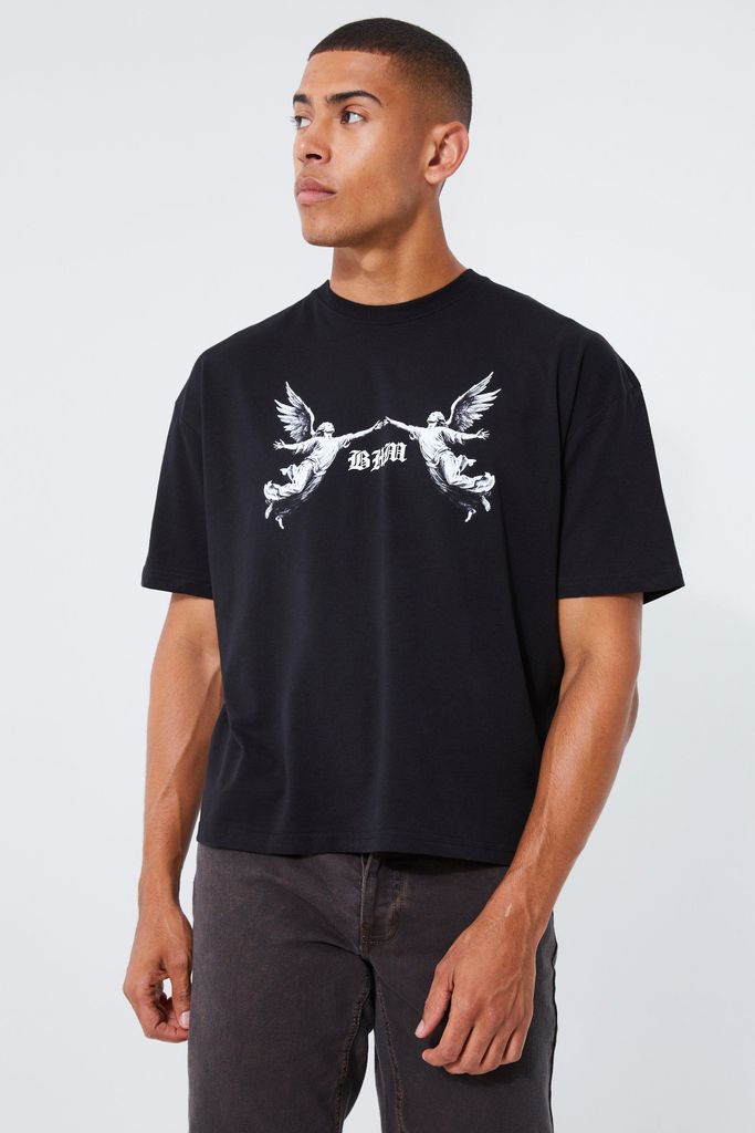 Men's Oversized Boxy Angels Print T-Shirt - Black - S, Black