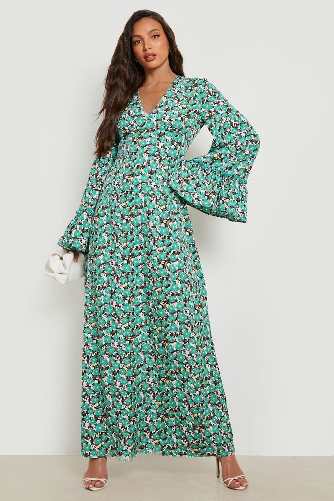 Womens Tall Floral Print Flare Sleeve Maxi Dress - Green - 10, Green
