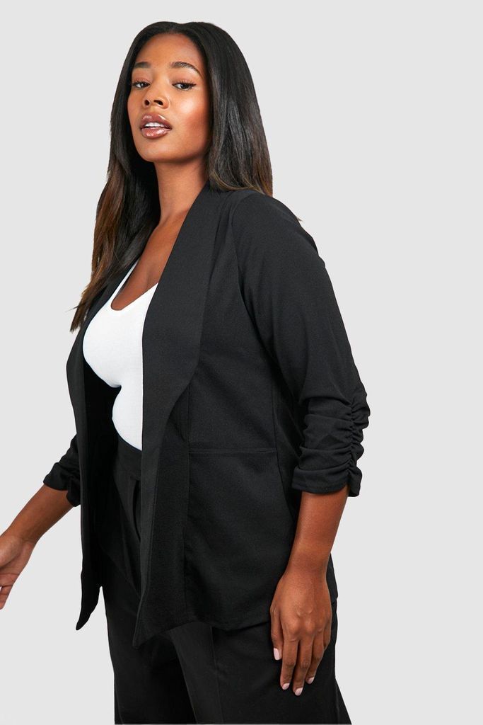 Womens Plus Lapel Detail Ruched Sleeve Blazer - Black - 16, Black