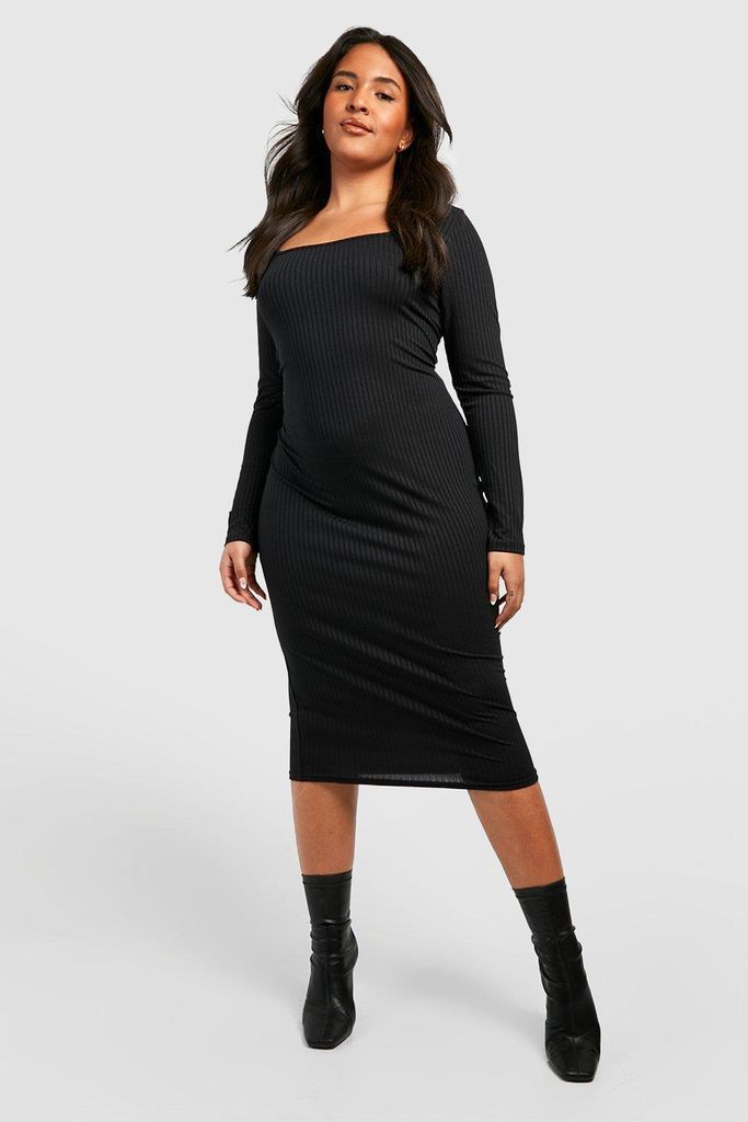 Womens Plus Jumbo Rib Scoop Long Sleeve Midi Dress - Black - 16, Black