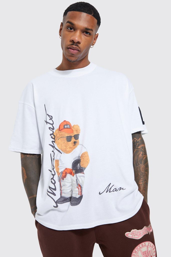 Men's Oversized Extended Neck Teddy Graphic T-Shirt - White - L, White