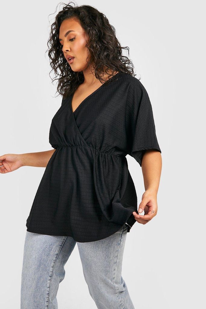 Womens Plus Textured Wrap Angel Sleeve Peplum Top - Black - 16, Black