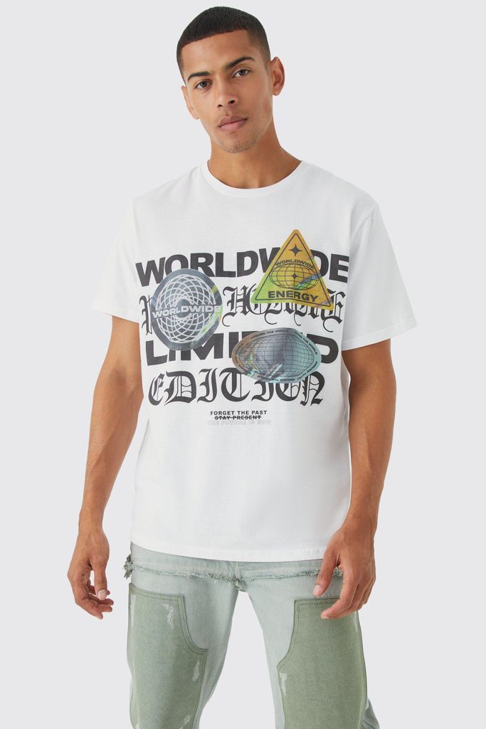 Men's Oversized Extended Neck Worldiwde T-Shirt - White - S, White