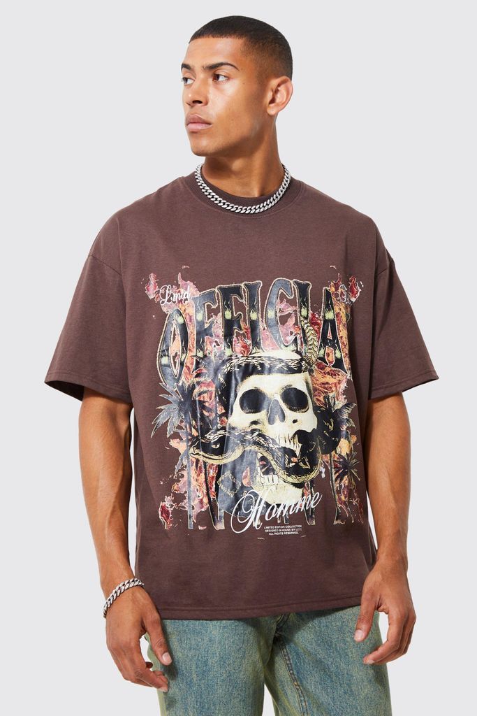 Men's Oversized Official Skull Extend Neck T-Shirt - Brown - S, Brown