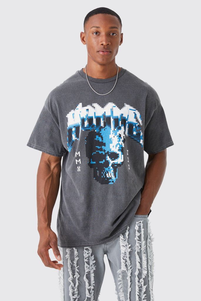 Men's Oversized Overdyed Pixilated Homme Graphic T-Shirt - Grey - S, Grey