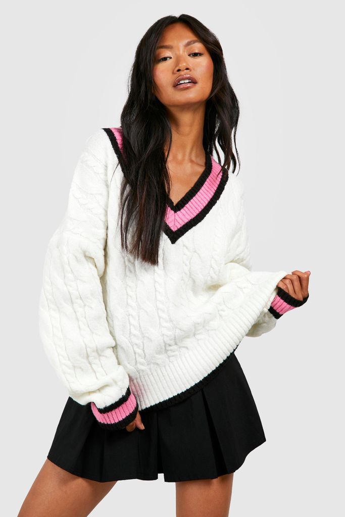 Womens Cable Knit Cricket Jumper - White - Xs, White