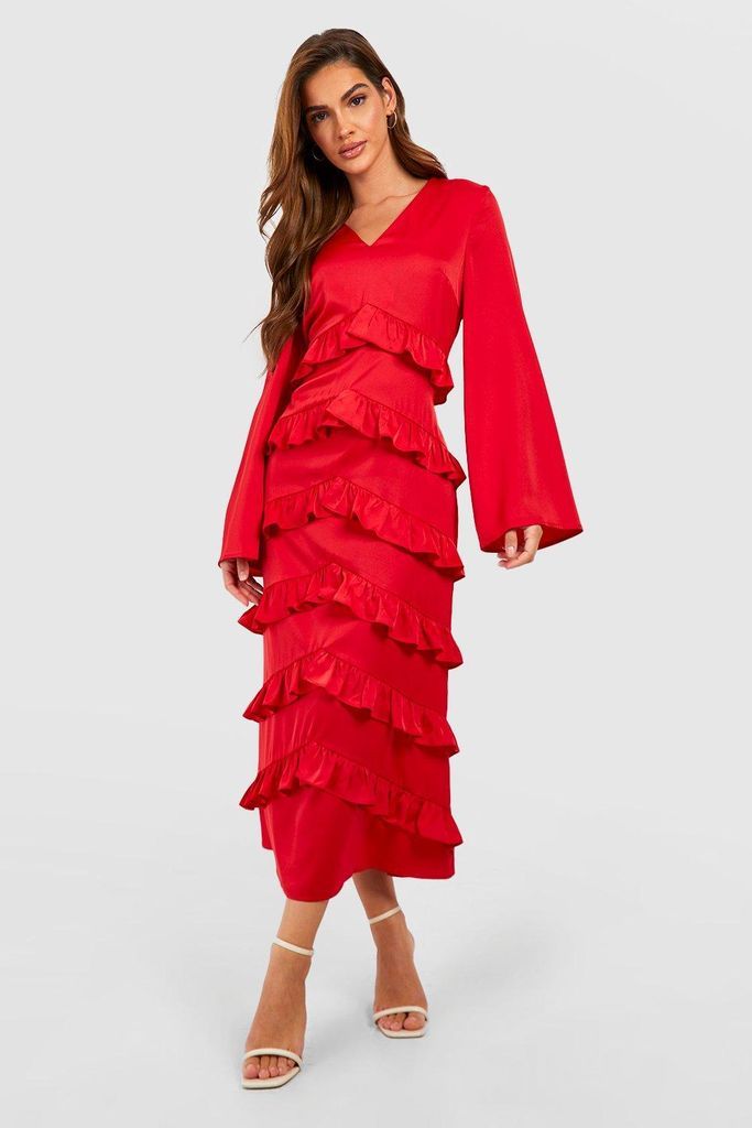 Womens Chiffon Ruffle Tiered Midaxi Dress - 8, Red