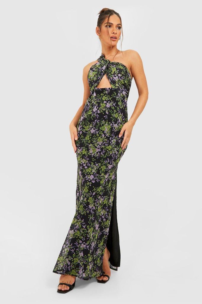 Womens Floral Chiffon Twist Maxi Dress - Black - 8, Black