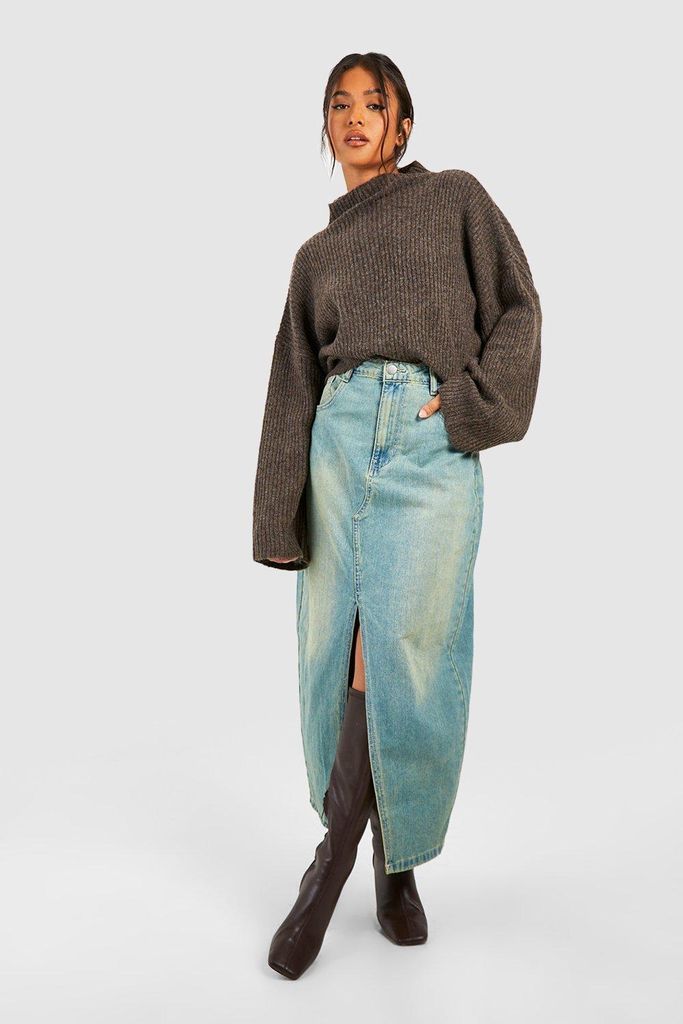 Womens Petite Vintage Wash Split Front Maxi Skirt - Blue - 6, Blue