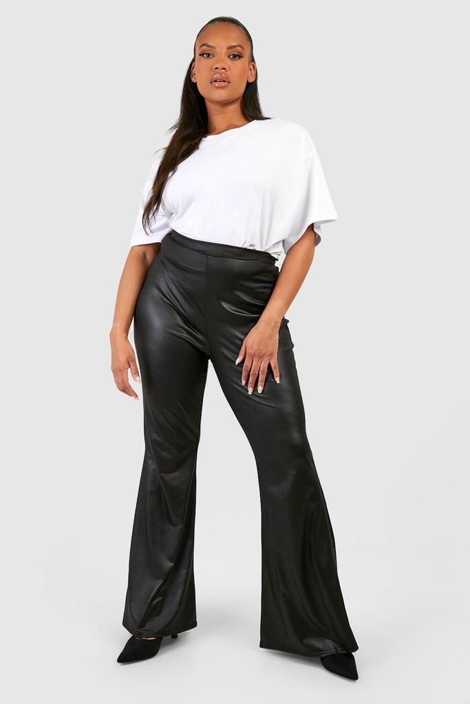 Womens Plus Wet Look High Waisted Flared Trousers - Black - 16, Black