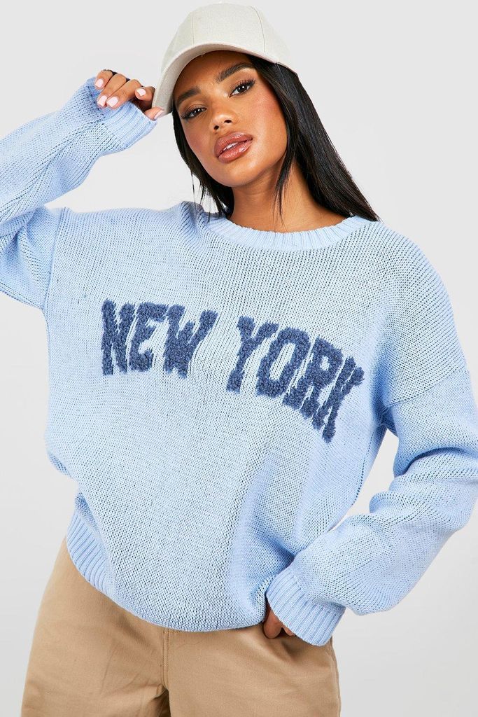 Womens Textured New York Slogan Jumper - Blue - S, Blue