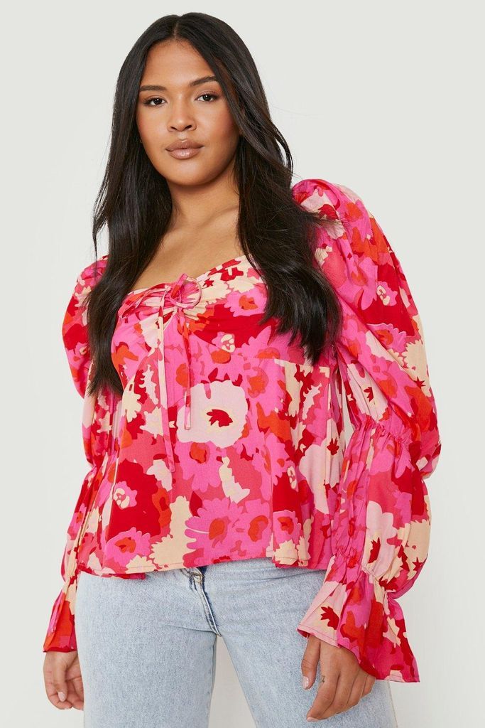 Womens Plus Woven Floral Print Puff Sleeve Top - Pink - 28, Pink