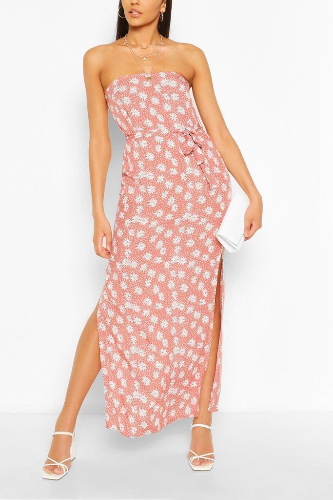 Womens Bandeau Floral Mix Print Belted Maxi Dress - Pink - 16, Pink
