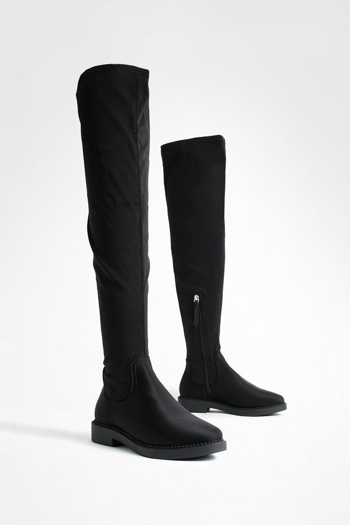 Womens Wide Fit Flat Stretch Over The Knee Boots - Black - 3, Black