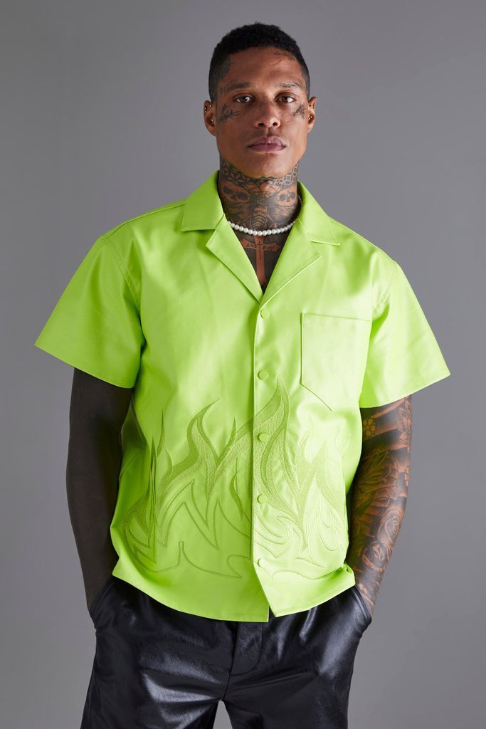 Men's Pu Short Sleeve Revere Boxy Applique Flame Shirt - Green - S, Green