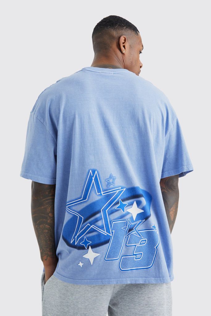Men's Oversized Overdyed Varsity Star Print T-Shirt - Blue - L, Blue