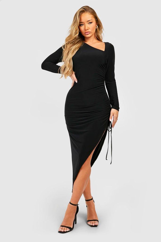 Womens Double Slinky Rouched Asymmetric Midaxi Dress - Black - 8, Black