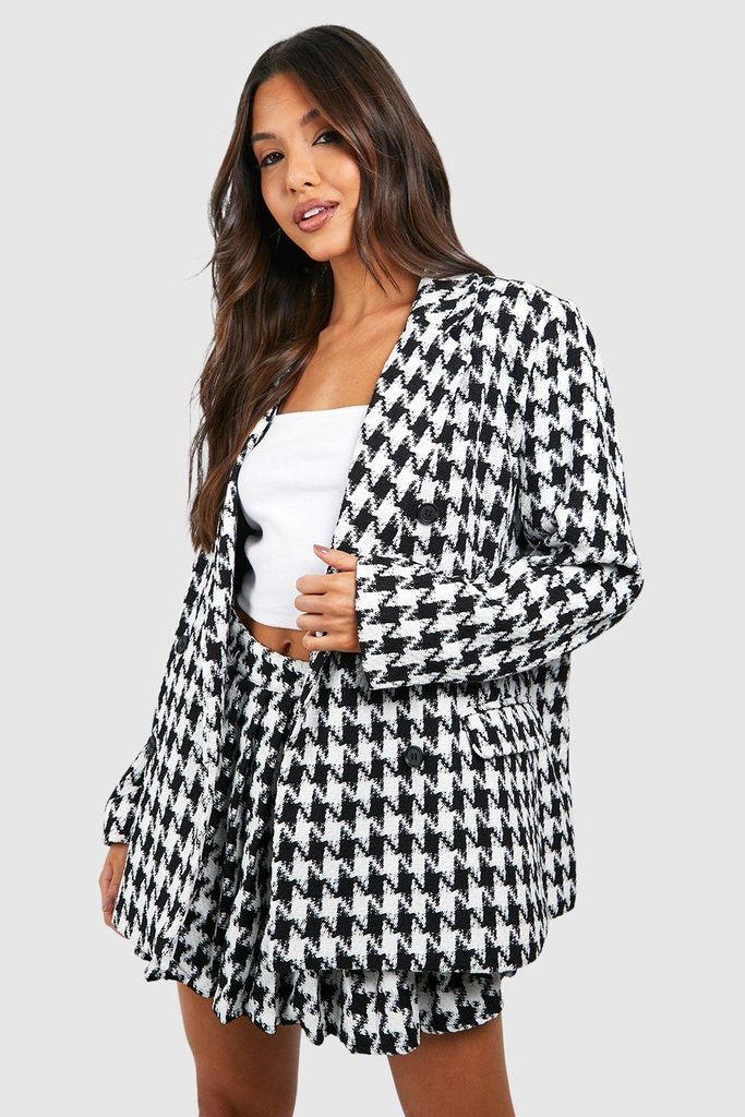 Womens Premium Houndstooth Double Breasted Boucle Blazer - Black - 8, Black