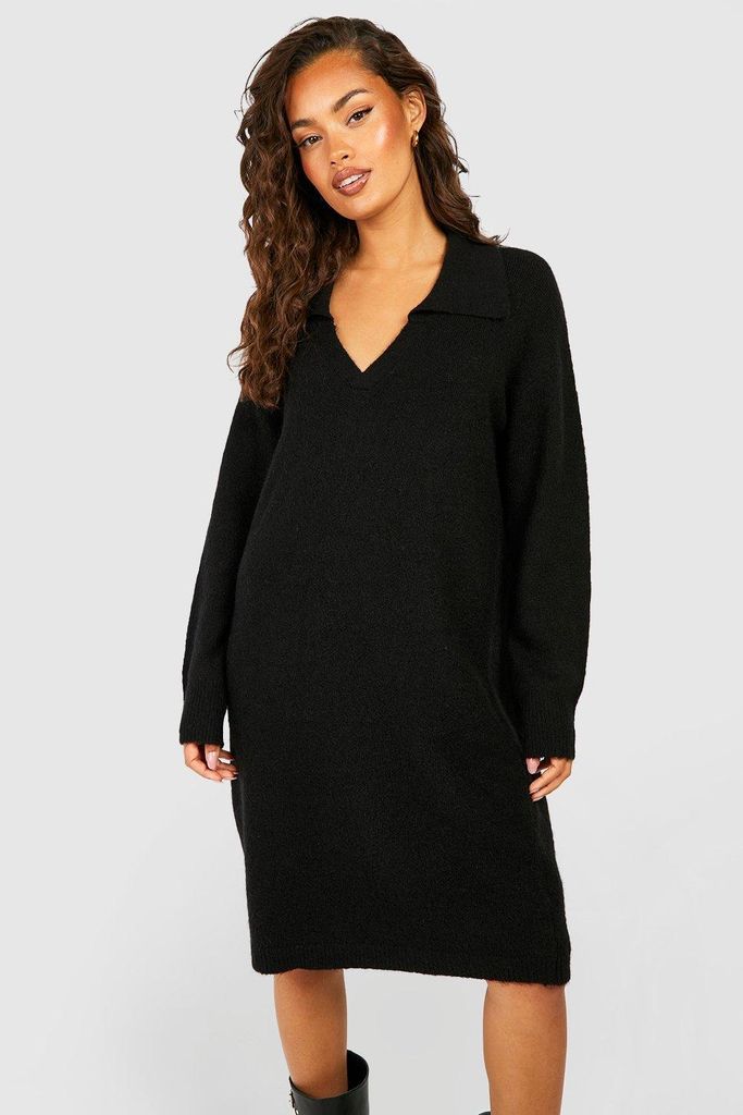 Womens Soft Knit Collared Jumper Dress - Black - 8, Black