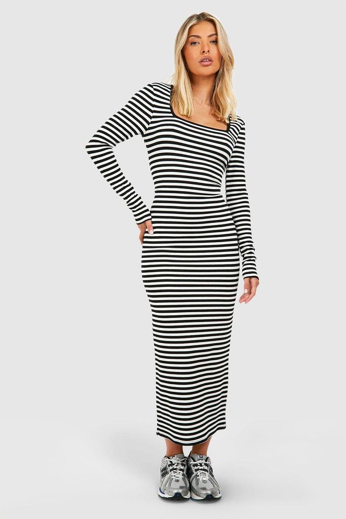 Womens Stripe Rib Long Sleeve Midaxi Dress - Black - 8, Black
