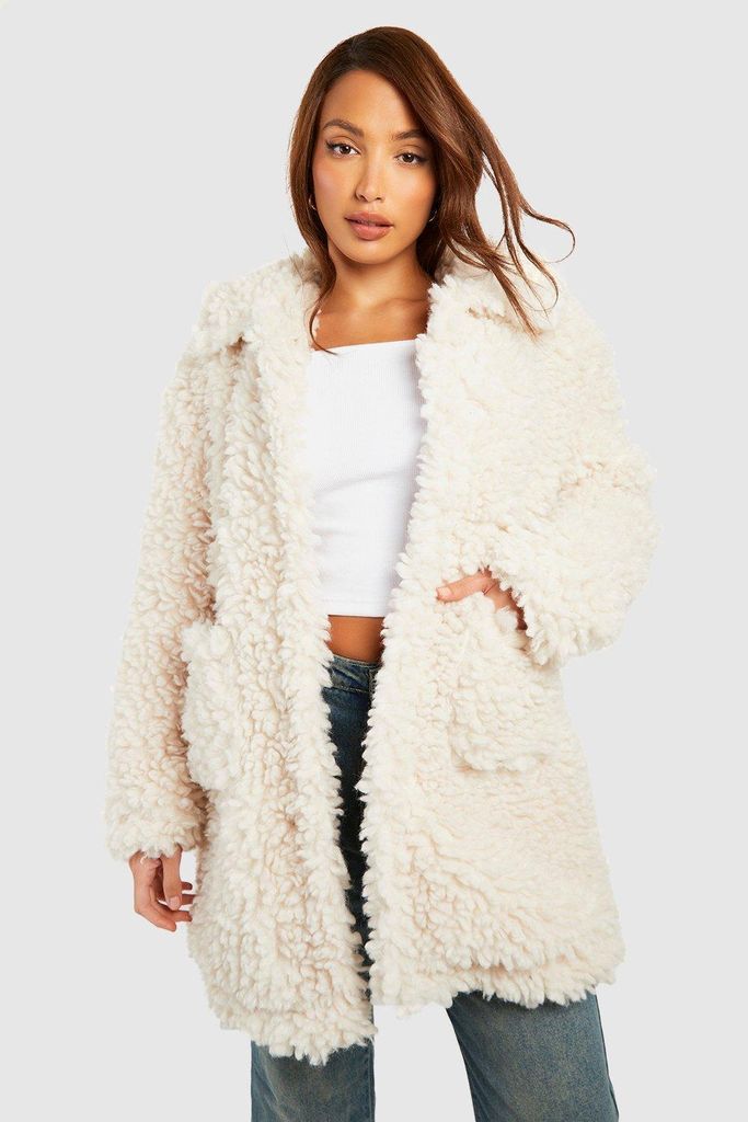 Womens Tall Textured Collared Faux Fur Coat - Beige - 6, Beige