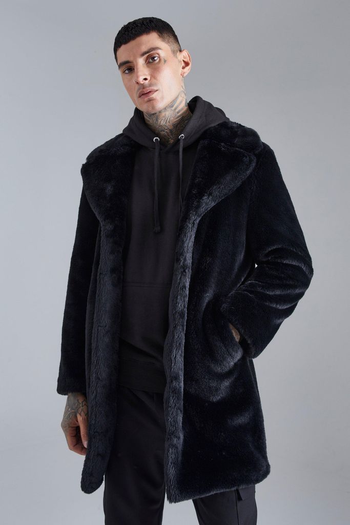 Men's Faux Fur Overcoat - Black - S, Black