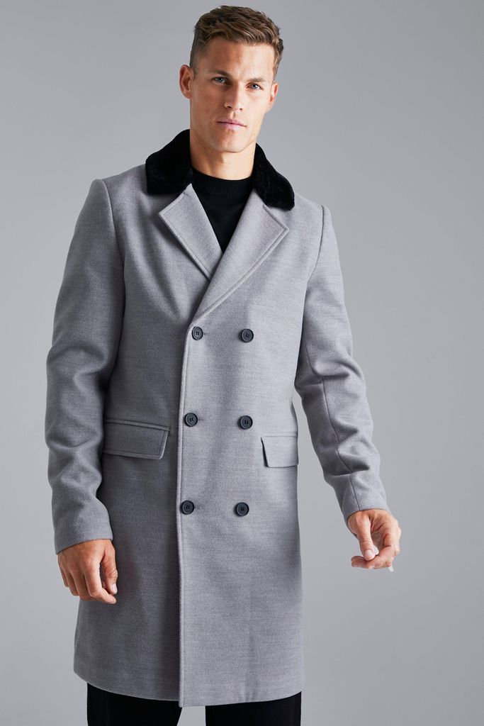 Men's Tall Double Breasted Faux Fur Overcoat - Grey - S, Grey