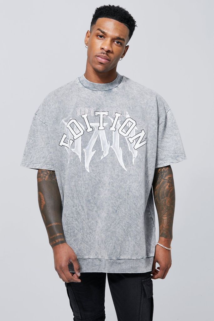 Men's Oversized Acid Wash Graphic T-Shirt - Grey - S, Grey