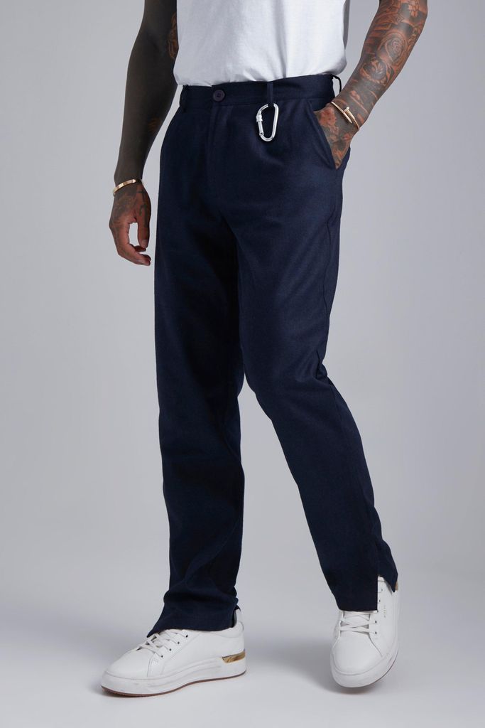 Men's Fixed Waist Straight Wool Look Split Hem Trouser - Navy - 28, Navy