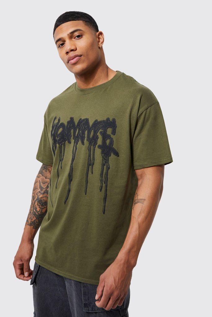 Men's Oversized Drip Text Graphic T-Shirt - Green - S, Green