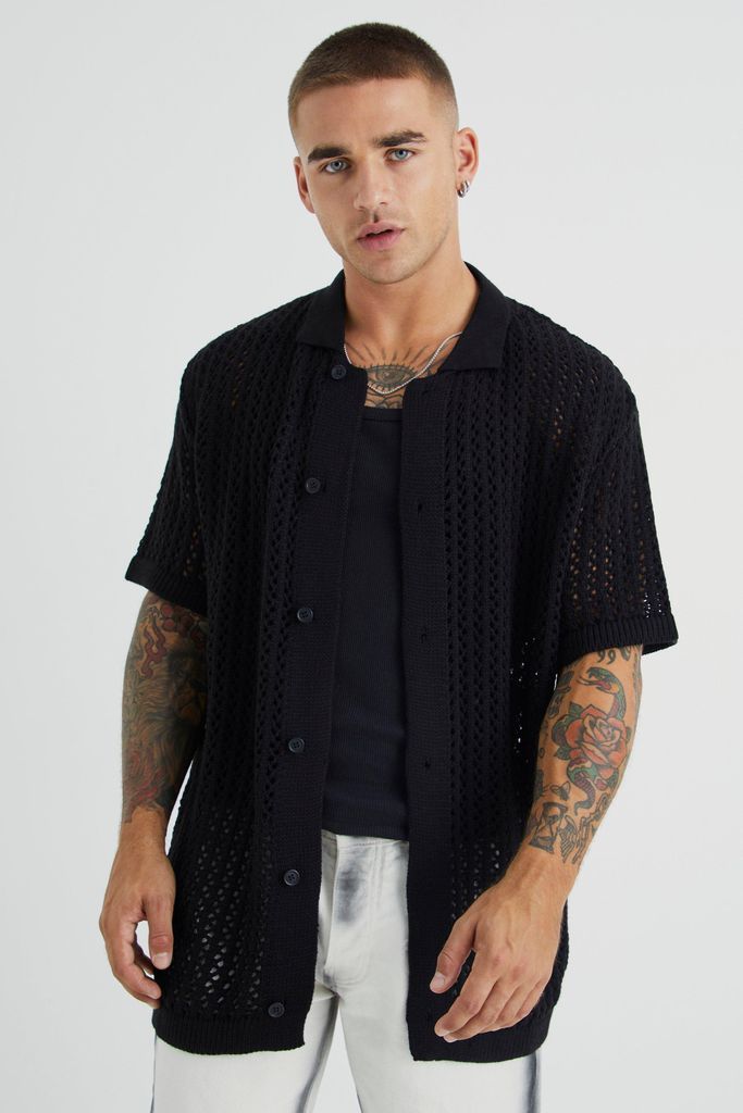 Men's Open Stitch Short Sleeve Knitted Shirt - Black - S, Black
