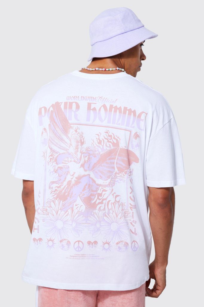 Men's Oversized Floral Cupid Back Graphic T-Shirt - White - S, White