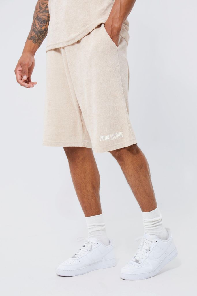 Men's Tall Relaxed Fit Embroidered Towelling Shorts - Beige - S, Beige