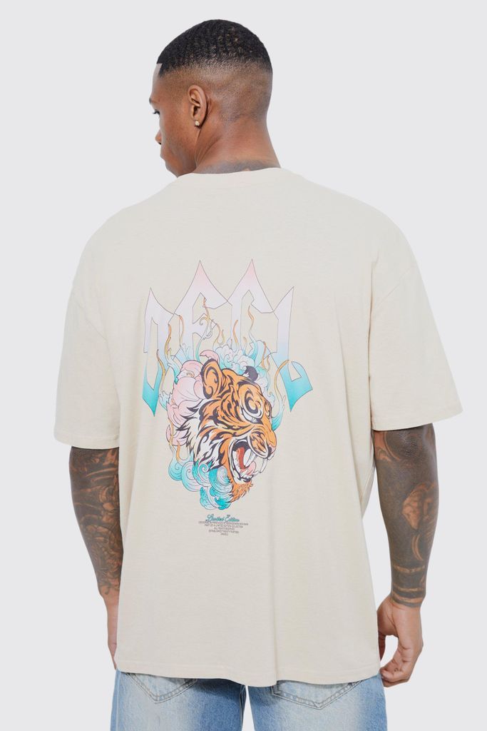 Men's Oversized Ombre Ofcl Tiger Print T-Shirt - Beige - S, Beige