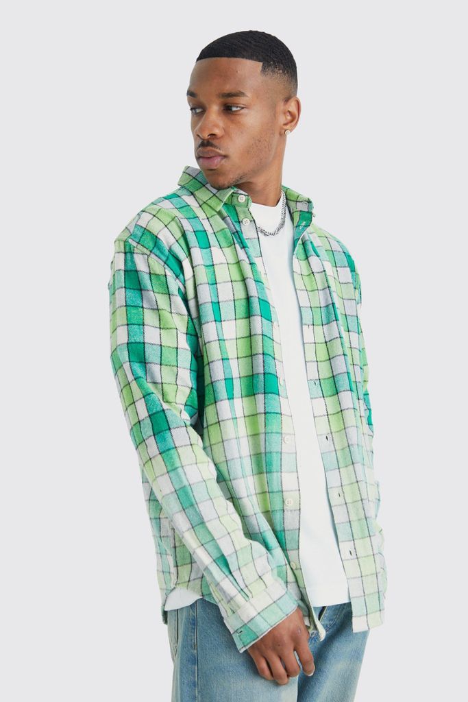 Men's Oversized Bleached Hem Check Shirt - Green - S, Green