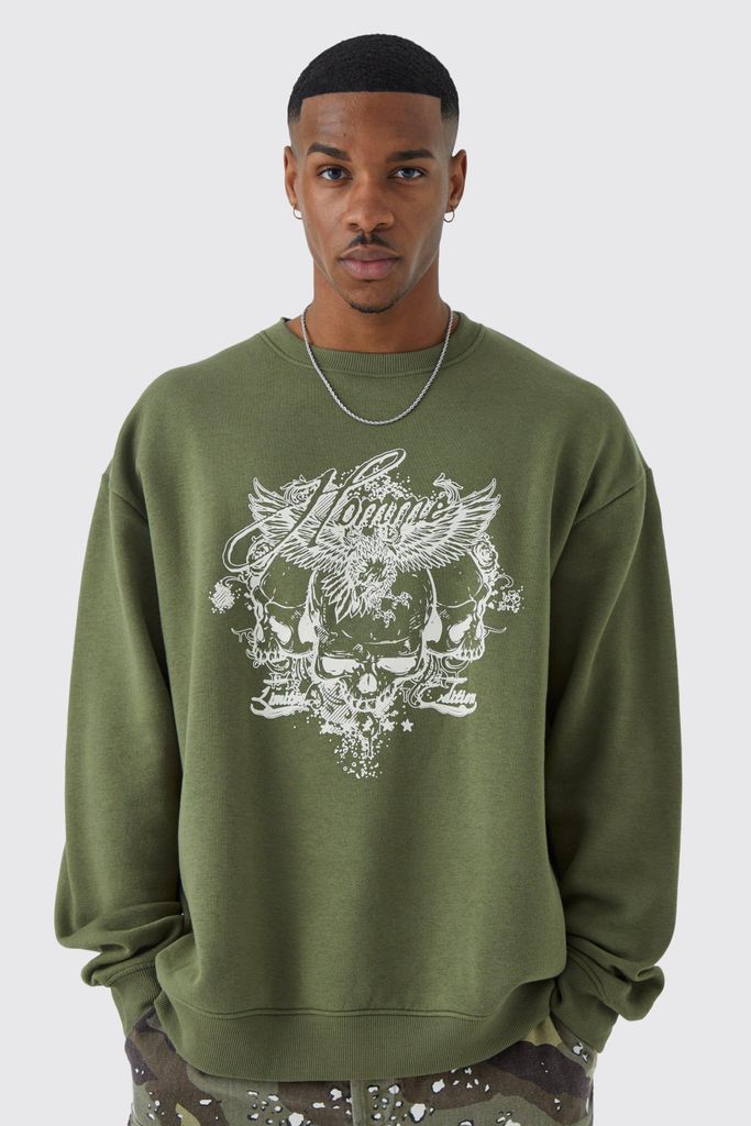Men's Oversized Vintage Skull Graphic Sweatshirt - Green - S, Green