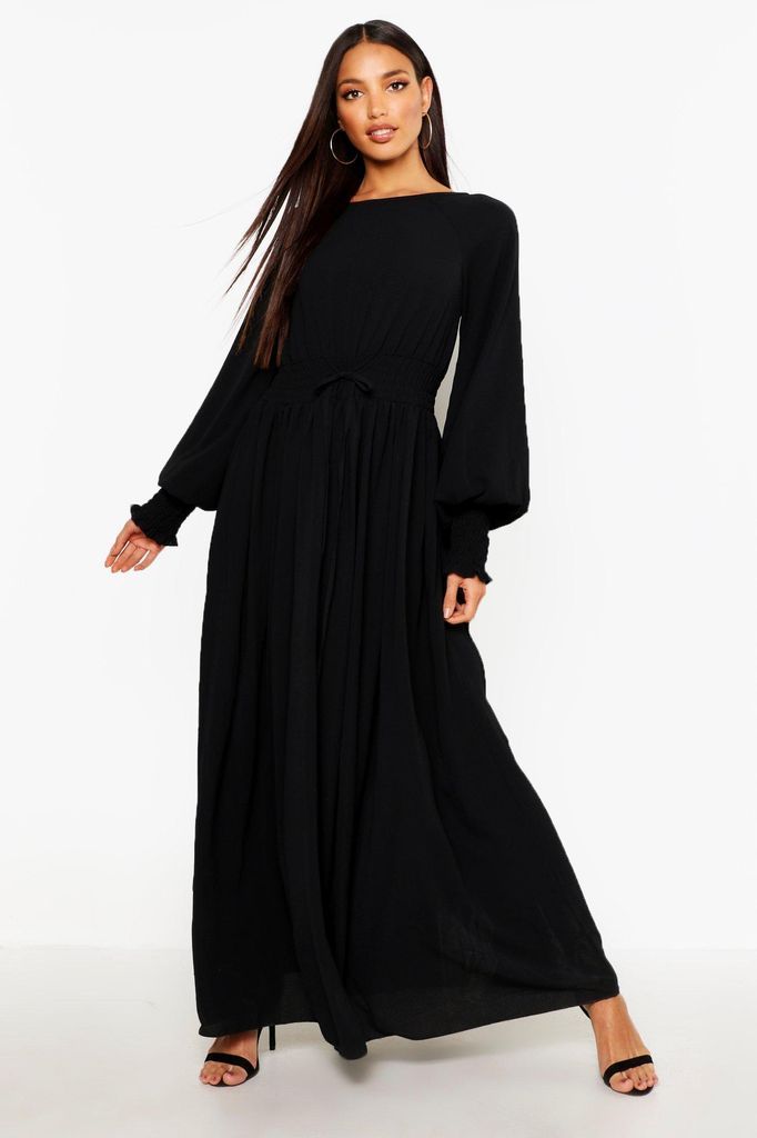Womens Shirred Waist & Cuff Woven Maxi Dress - Black - 10, Black