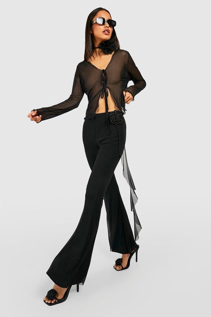 Womens Rose Corsage Mesh Layered Flared Trousers - Black - 12, Black
