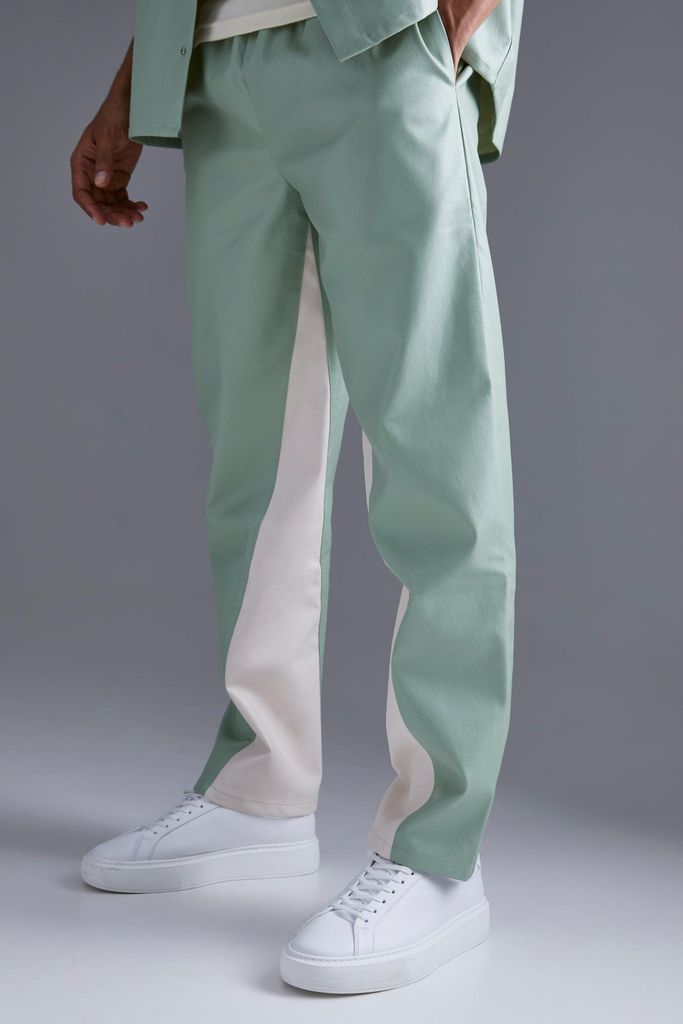 Men's Elasticated Waist Straight Leg Colour Block Pu Trouser - Green - M, Green