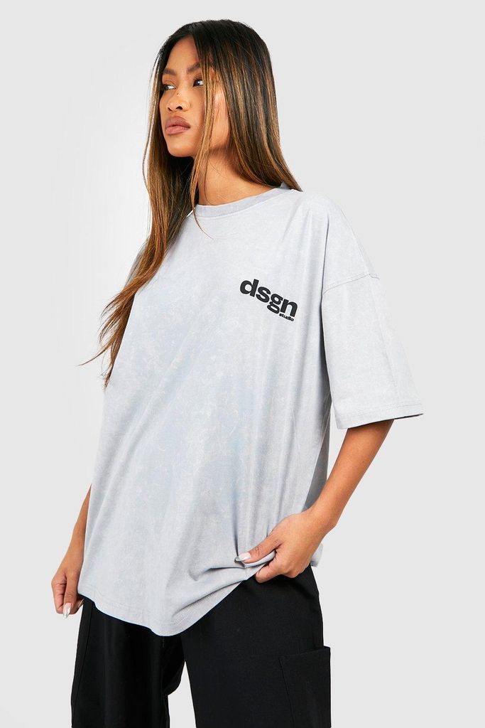 Womens Washed Dsgn Studio Puff Print Oversized T-Shirt - Grey - L, Grey