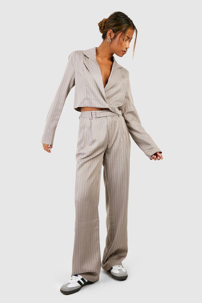 Womens Pinstripe Pleat Front Wide Leg Tailored Trousers - Beige - 14, Beige
